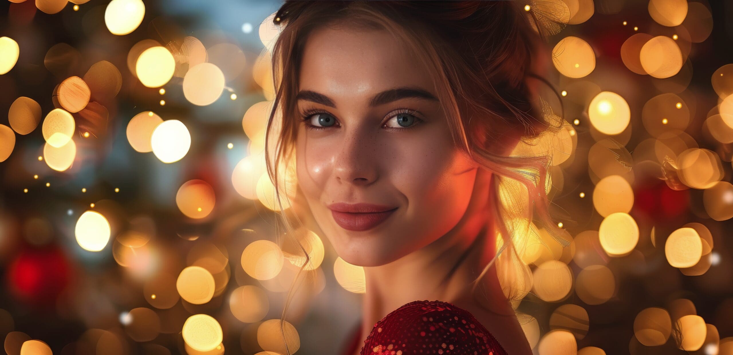Woman Smiling in Front of Christmas Lights