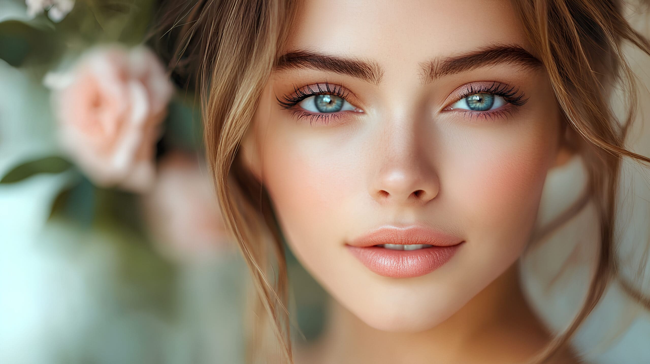 Closeup Portrait of Young Woman with Blue Eyes and Soft Makeup