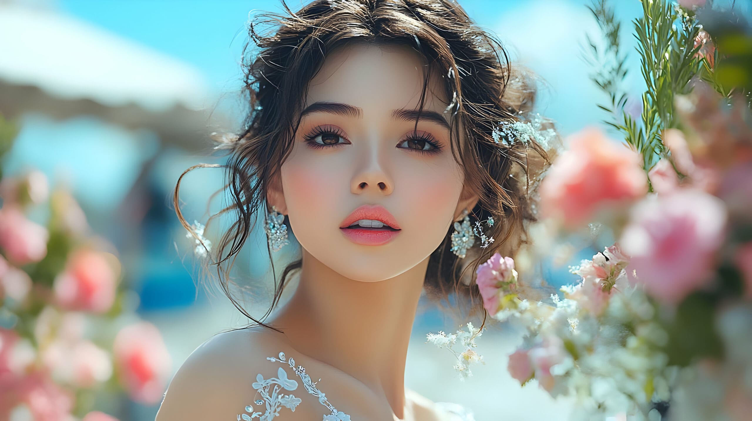 Beautiful woman with flowers in her hair.